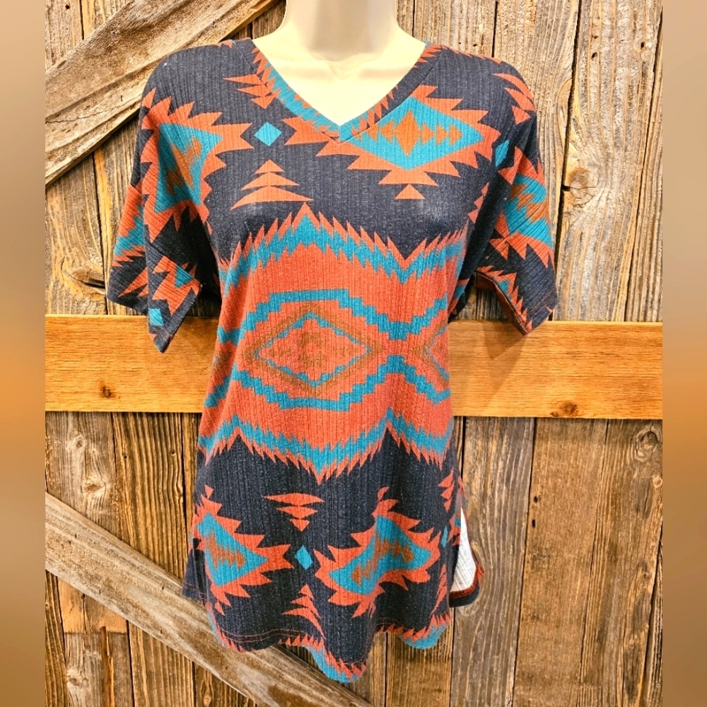 Crazy Train Shirt Serape Top Tee Colorful Southwestern size XS Ribbed Stretch ^^